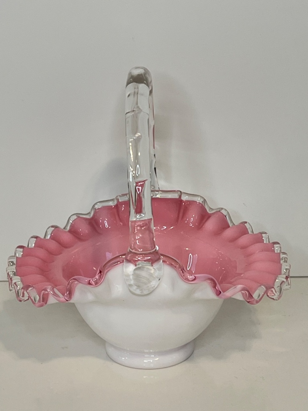 Fenton Handled Basket Silver Crest Pink White Crimped Edge Glass USA *Read